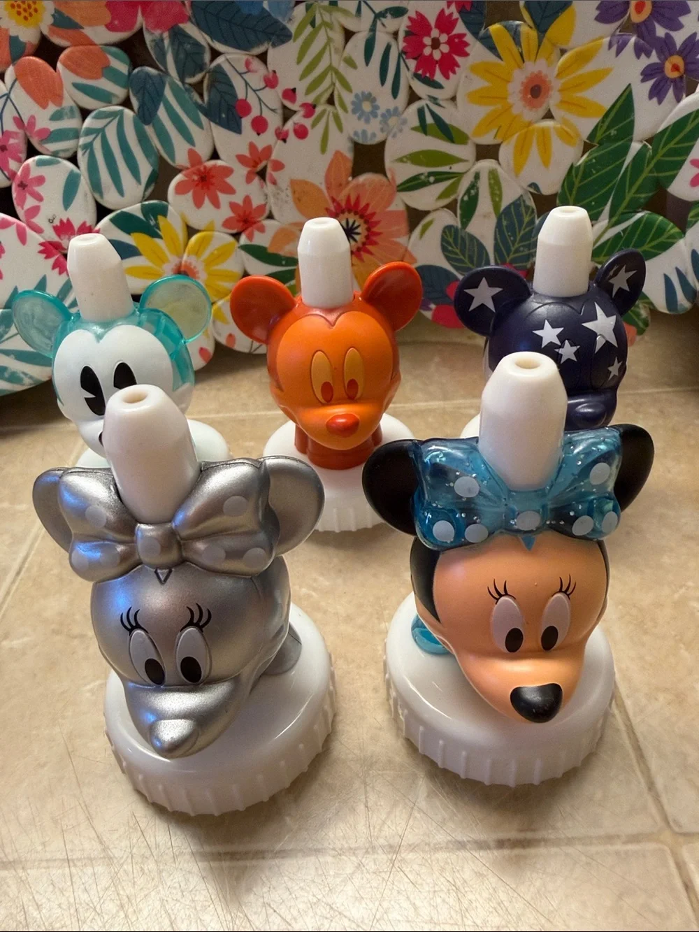 Mickey and Minnie Mouse character drink bottle toppers by good2grow Set of 5